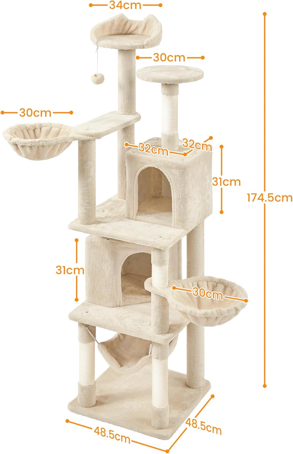 Yaheetech XXL Cat Scratching Post 175 cm Ceiling Height Scratching Post for Large Cats, Stable Climbing Tree with Sisal Scratching Columns, Platforms, Basket, Hammock, Plush Ball, Dark Grey