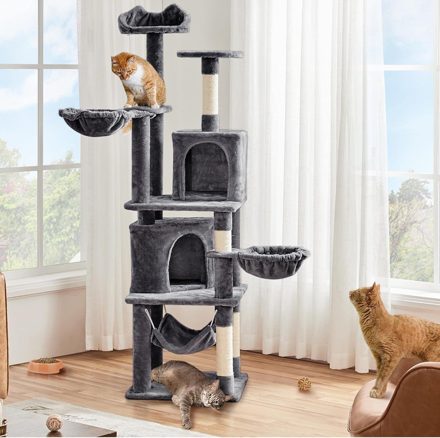 Yaheetech XXL Cat Scratching Post 175 cm Ceiling Height Scratching Post for Large Cats, Stable Climbing Tree with Sisal Scratching Columns, Platforms, Basket, Hammock, Plush Ball, Dark Grey