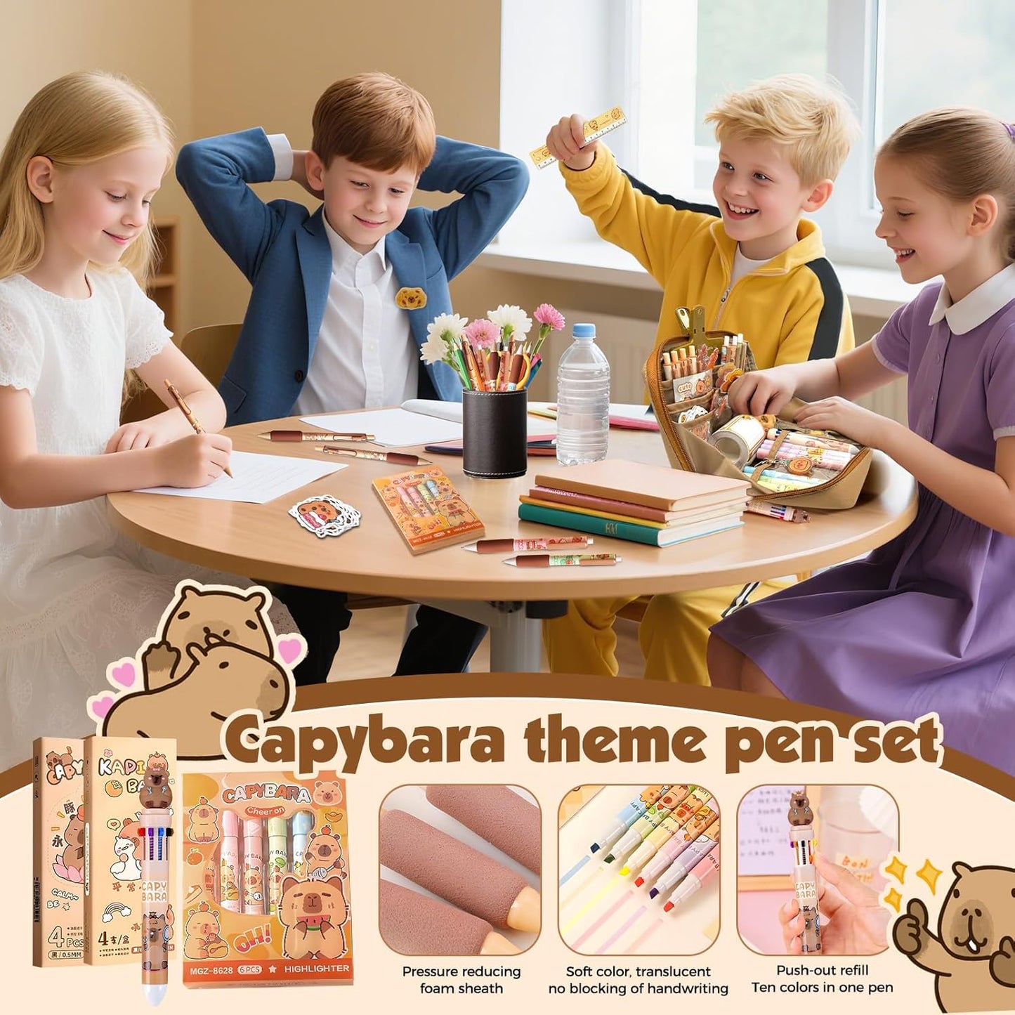 Pardofelis Capybara 66 Pieces Cute Capybara Pencil Case Gift Set for Children and Students Capybara Pencil Case with Pens, Eraser Stickers Clips, Rulers for School, Office
