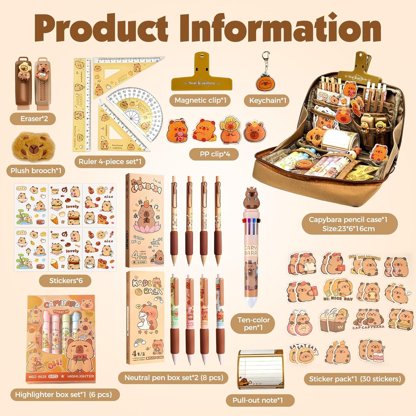 Pardofelis Capybara 66 Pieces Cute Capybara Pencil Case Gift Set for Children and Students Capybara Pencil Case with Pens, Eraser Stickers Clips, Rulers for School, Office