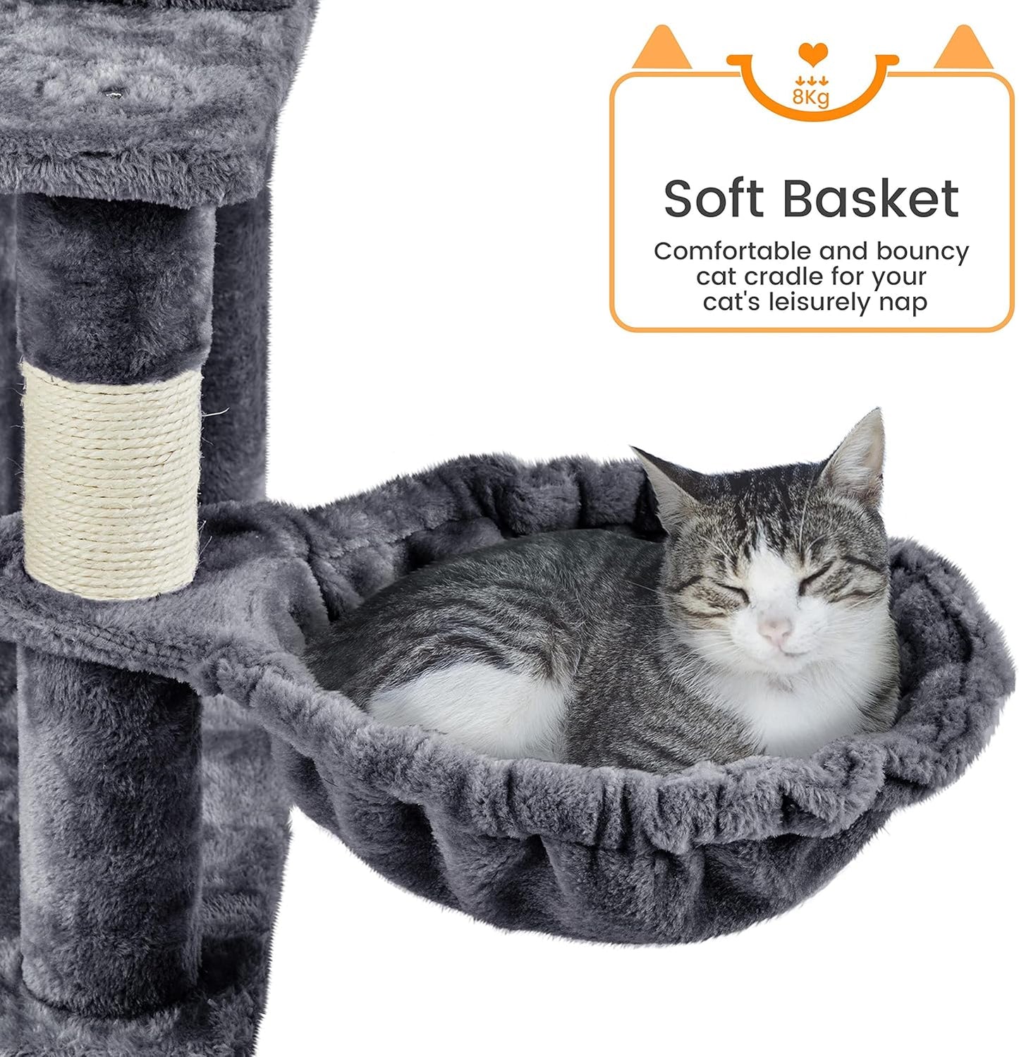 Yaheetech XXL Cat Scratching Post 175 cm Ceiling Height Scratching Post for Large Cats, Stable Climbing Tree with Sisal Scratching Columns, Platforms, Basket, Hammock, Plush Ball, Dark Grey