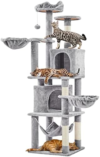 Yaheetech XXL Cat Scratching Post 175 cm Ceiling Height Scratching Post for Large Cats, Stable Climbing Tree with Sisal Scratching Columns, Platforms, Basket, Hammock, Plush Ball, Dark Grey