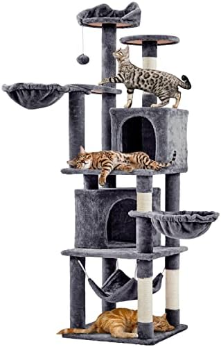 Yaheetech XXL Cat Scratching Post 175 cm Ceiling Height Scratching Post for Large Cats, Stable Climbing Tree with Sisal Scratching Columns, Platforms, Basket, Hammock, Plush Ball, Dark Grey