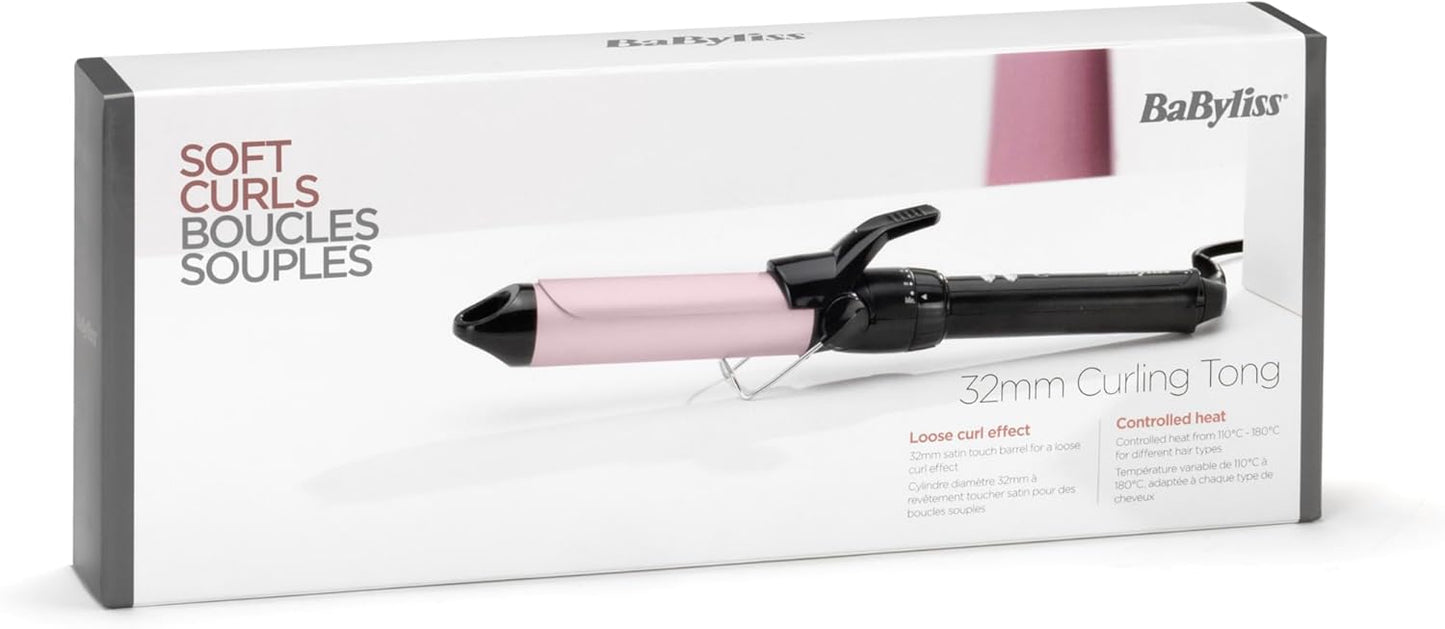 BaByliss 25mm Krultang - Satin Touch Cilinder, 10 Temperatuurinstellingen, Pro Styling Tool met Geïntegreerde Standaard, Zwart & Roze, C325E