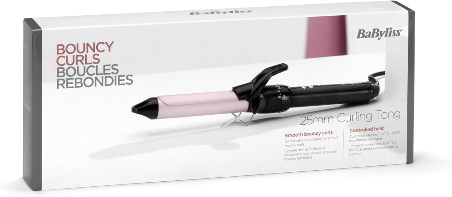 BaByliss 25mm Krultang - Satin Touch Cilinder, 10 Temperatuurinstellingen, Pro Styling Tool met Geïntegreerde Standaard, Zwart & Roze, C325E