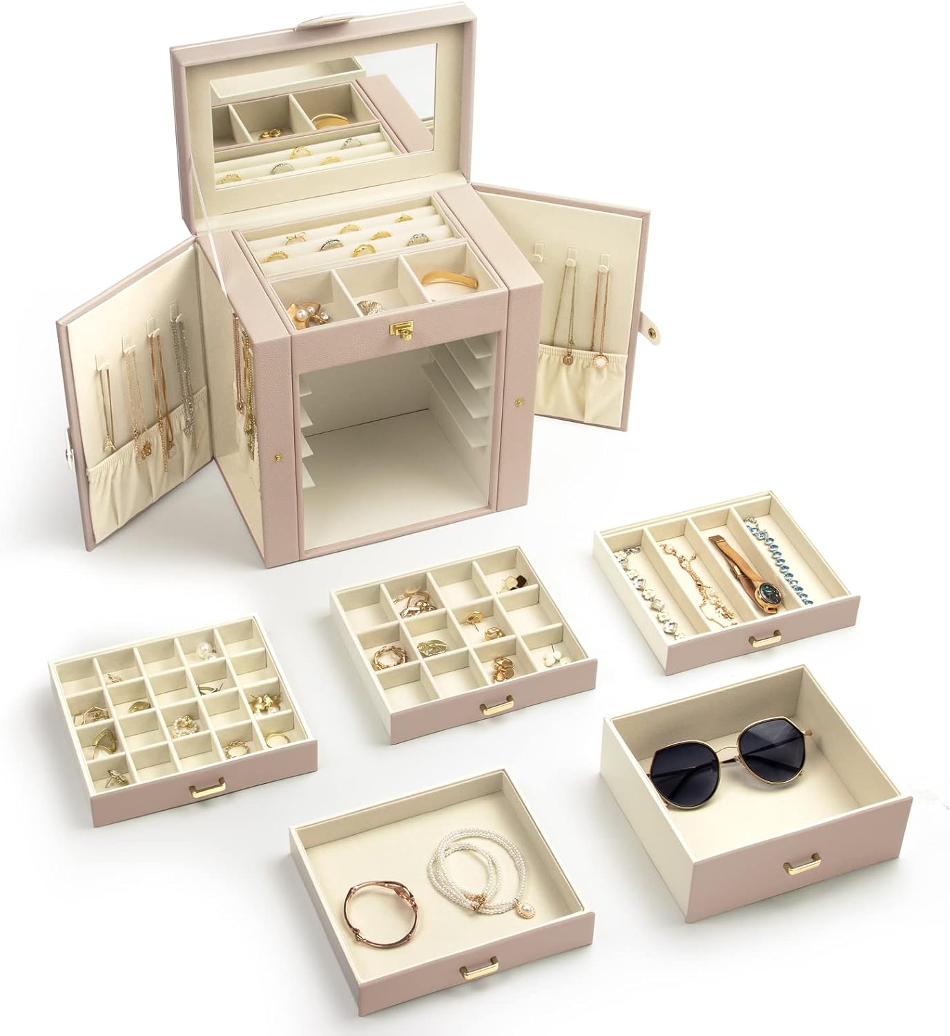 KAMIER Jewelry box for Wowen, 6 layer large jewelry organizer box with mirror and 5 drawers for rings, earrings, necklaces, bracelets, beige Brand: KAMIER