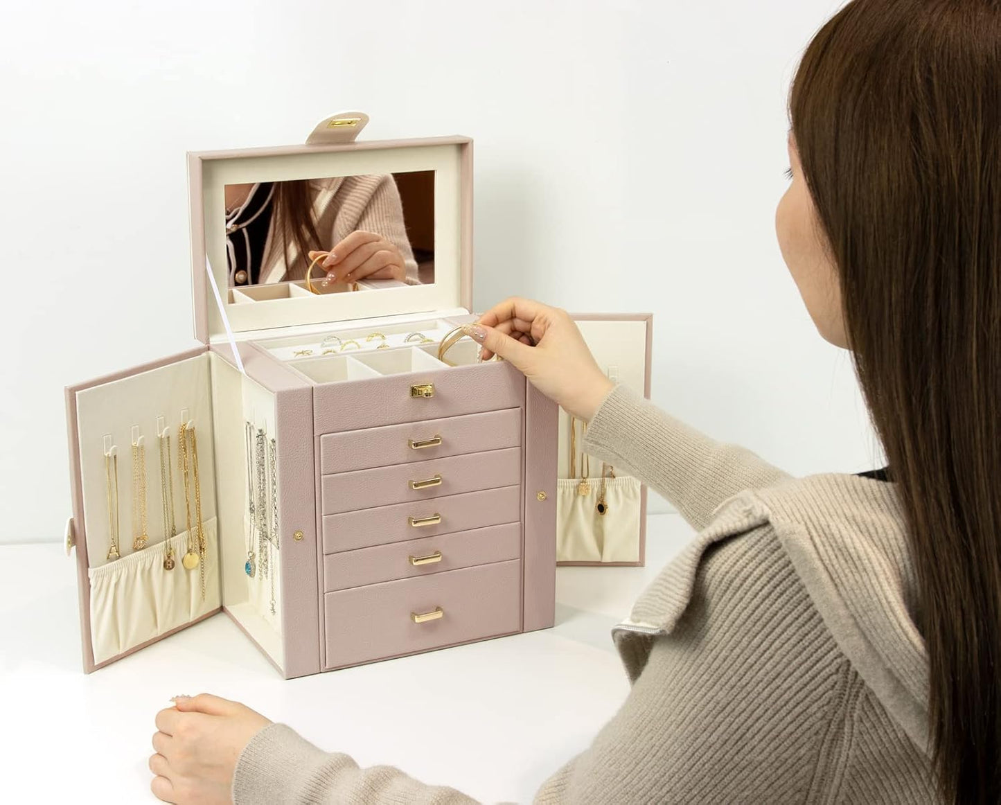 KAMIER Jewelry box for Wowen, 6 layer large jewelry organizer box with mirror and 5 drawers for rings, earrings, necklaces, bracelets, beige Brand: KAMIER
