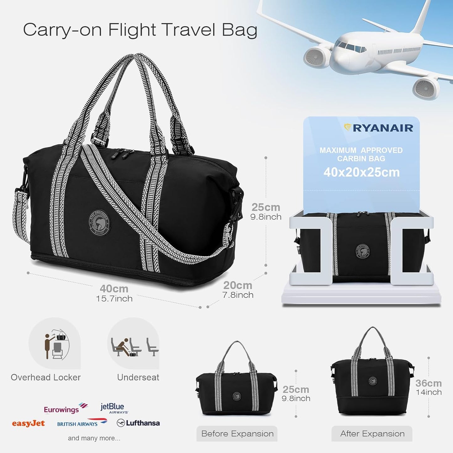 SPAHER Ryanair Handbagage 40x20x25 Handbagage Tas voor Vliegtuig Reistas 20L Uitbreidbare Nylon Handbagage Tas voor Mannen en Vrouwen Weekendtas Zwemtas Reistas Plunjezak Trainingstas Beige