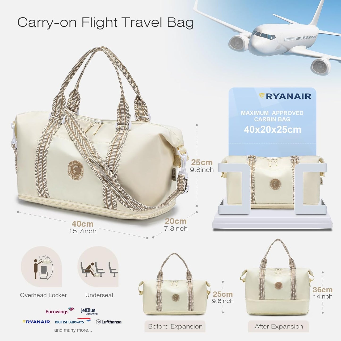 SPAHER Ryanair Handbagage 40x20x25 Handbagage Tas voor Vliegtuig Reistas 20L Uitbreidbare Nylon Handbagage Tas voor Mannen en Vrouwen Weekendtas Zwemtas Reistas Plunjezak Trainingstas Beige