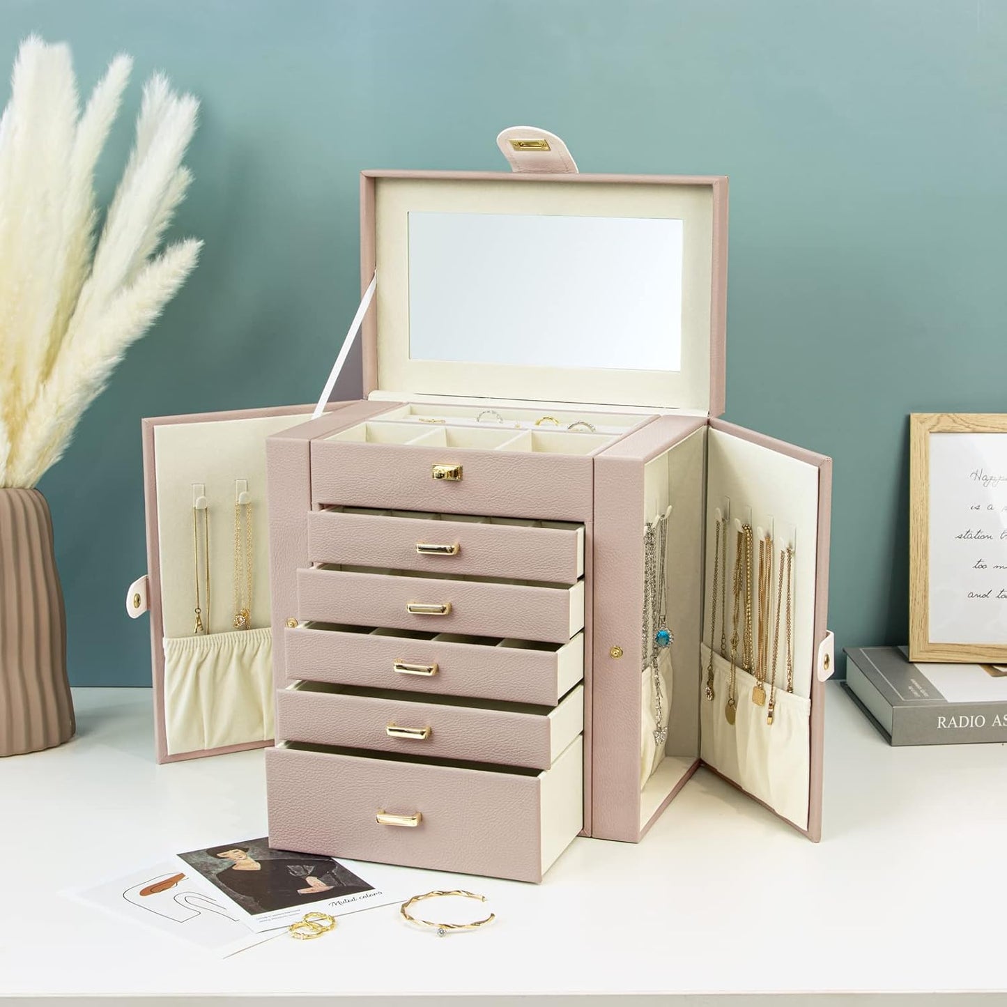 KAMIER Jewelry box for Wowen, 6 layer large jewelry organizer box with mirror and 5 drawers for rings, earrings, necklaces, bracelets, beige Brand: KAMIER