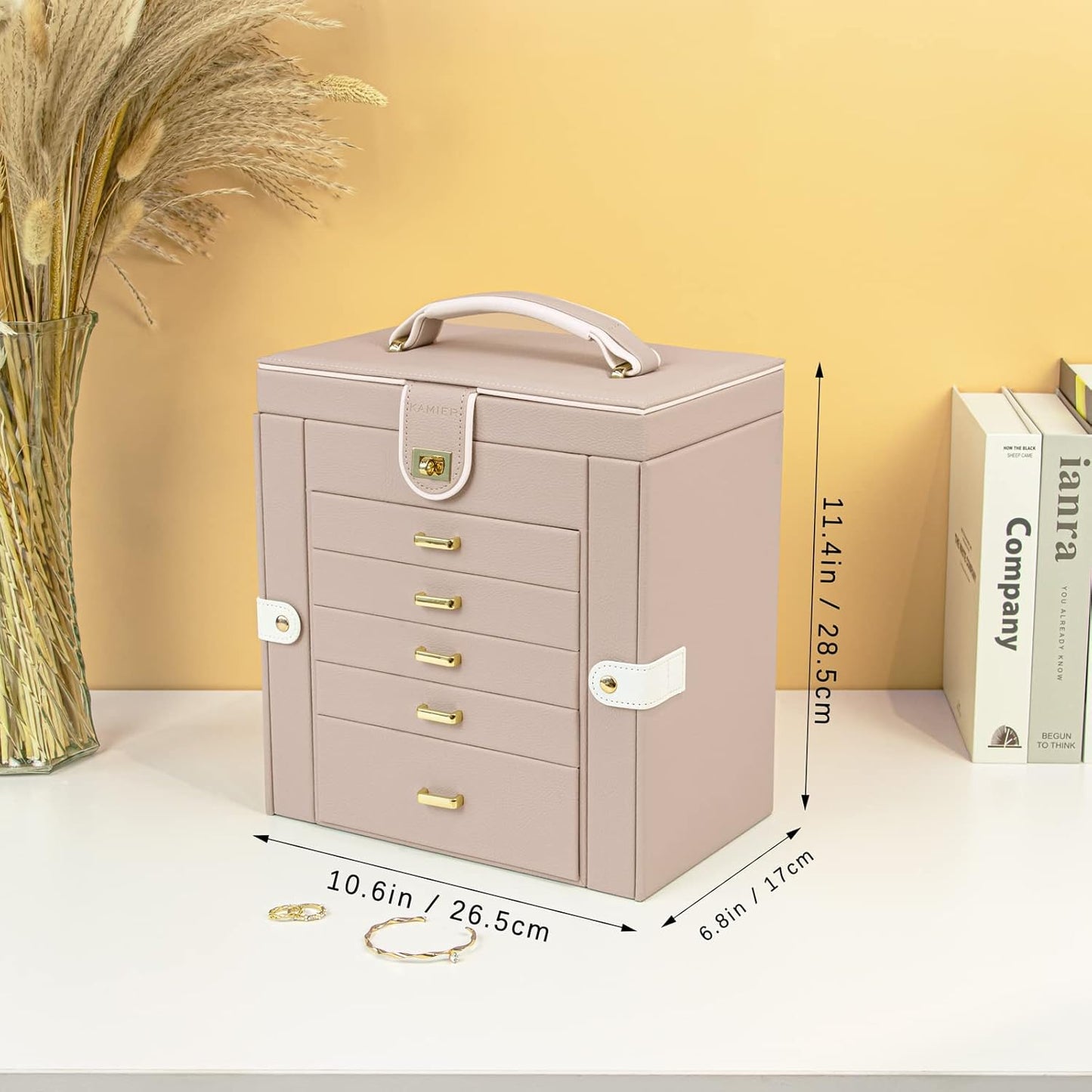 KAMIER Jewelry box for Wowen, 6 layer large jewelry organizer box with mirror and 5 drawers for rings, earrings, necklaces, bracelets, beige Brand: KAMIER
