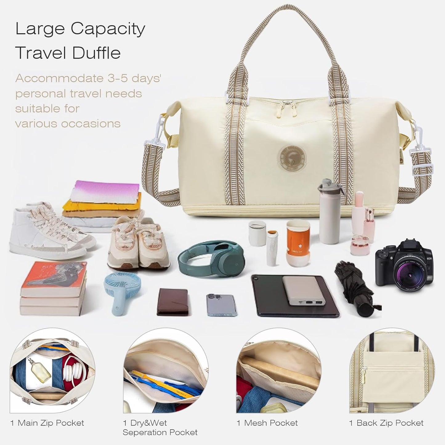 SPAHER Ryanair Handbagage 40x20x25 Handbagage Tas voor Vliegtuig Reistas 20L Uitbreidbare Nylon Handbagage Tas voor Mannen en Vrouwen Weekendtas Zwemtas Reistas Plunjezak Trainingstas Beige