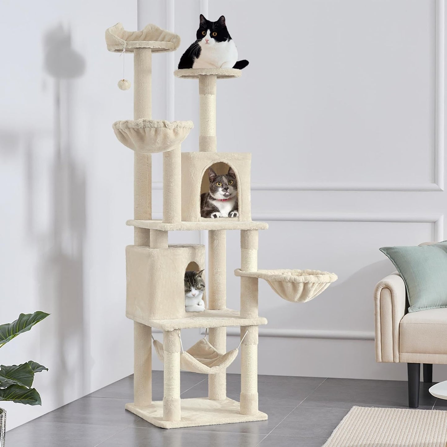 Yaheetech XXL Cat Scratching Post 175 cm Ceiling Height Scratching Post for Large Cats, Stable Climbing Tree with Sisal Scratching Columns, Platforms, Basket, Hammock, Plush Ball, Dark Grey
