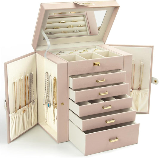 KAMIER Jewelry box for Wowen, 6 layer large jewelry organizer box with mirror and 5 drawers for rings, earrings, necklaces, bracelets, beige Brand: KAMIER