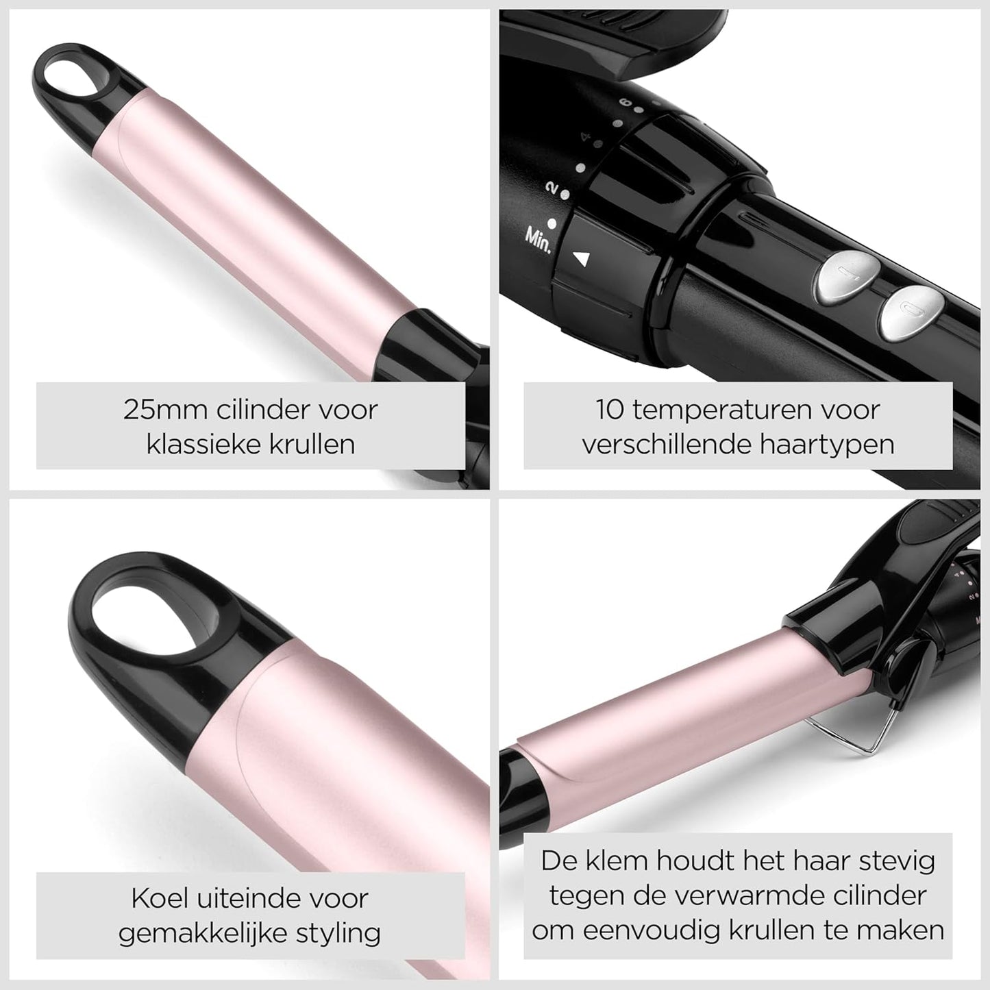 BaByliss 25mm Krultang - Satin Touch Cilinder, 10 Temperatuurinstellingen, Pro Styling Tool met Geïntegreerde Standaard, Zwart & Roze, C325E