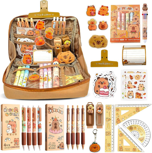 Pardofelis Capybara 66 Pieces Cute Capybara Pencil Case Gift Set for Children and Students Capybara Pencil Case with Pens, Eraser Stickers Clips, Rulers for School, Office