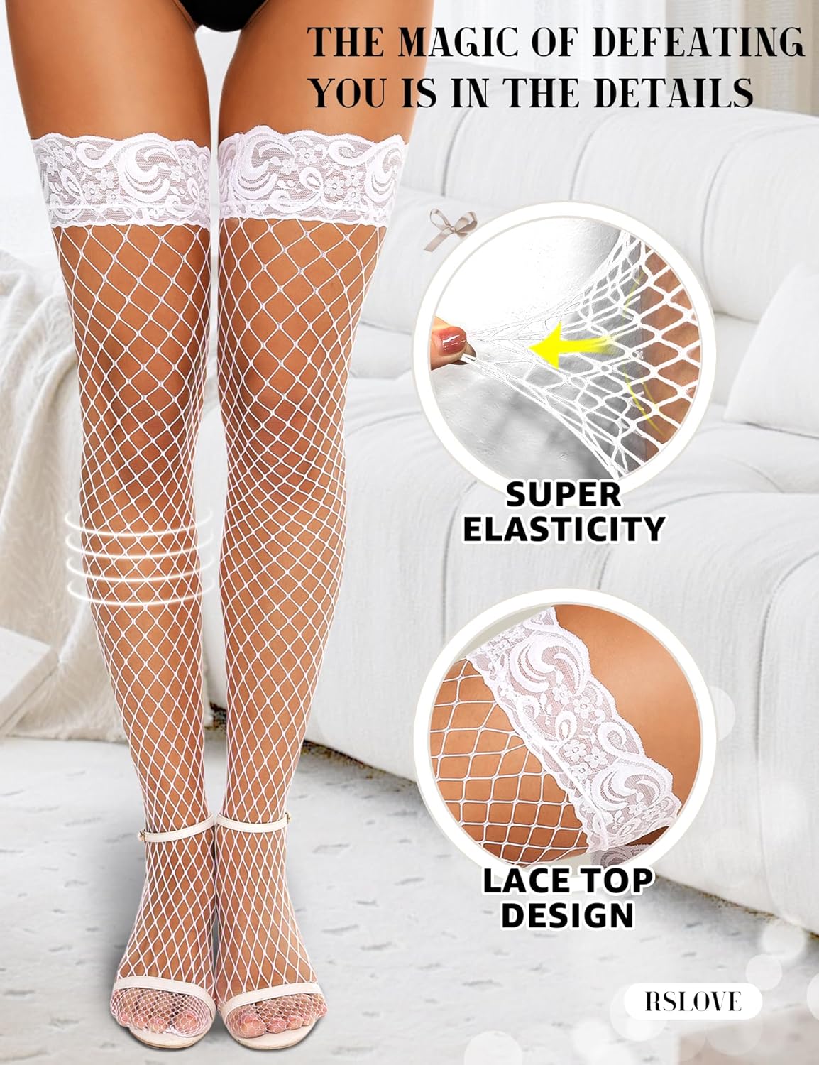 RSLOVE Vrouwen Visnet Antislip Siliconen Kant Zijde Dij Hoge Kousen Medium Netto, Wit, One size