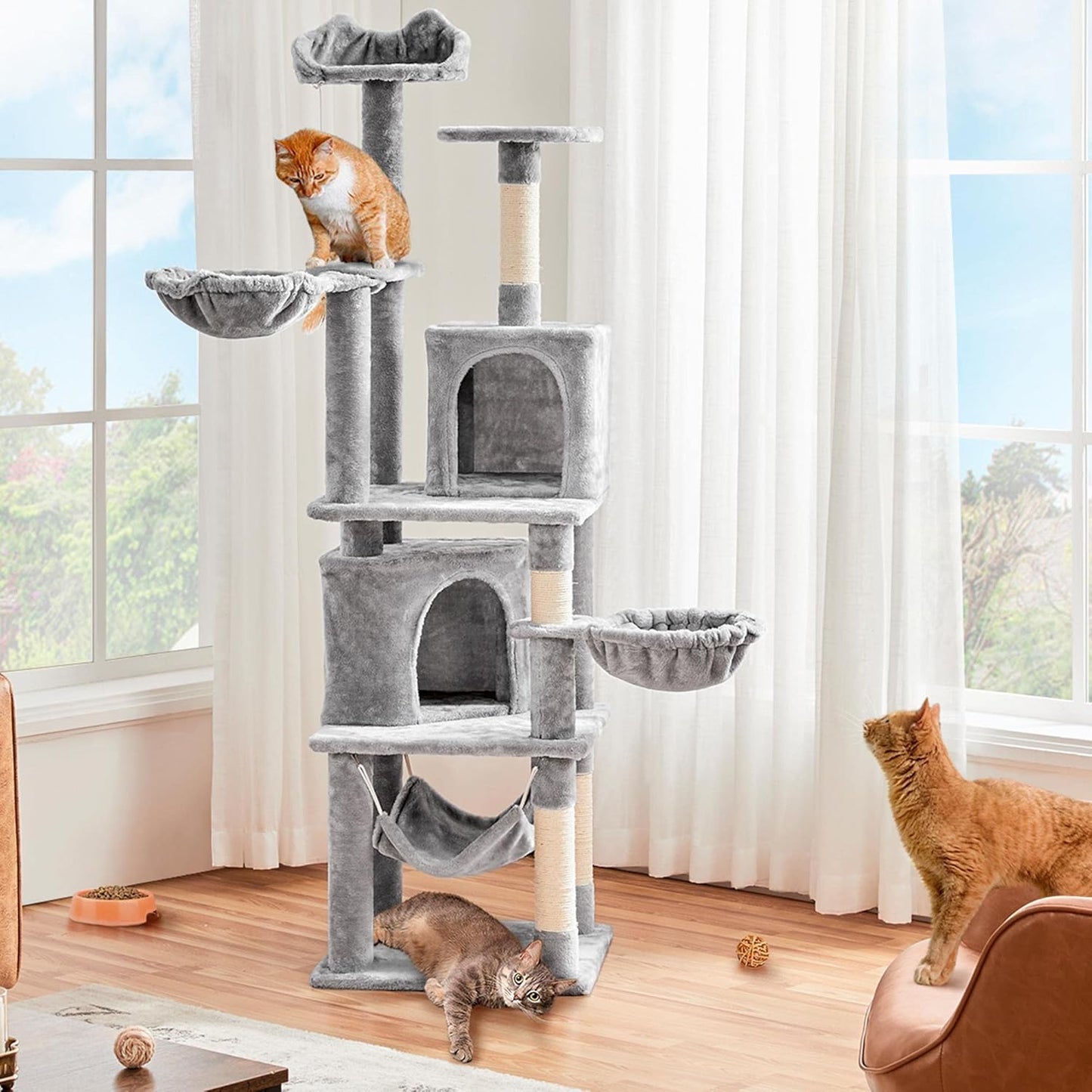 Yaheetech XXL Cat Scratching Post 175 cm Ceiling Height Scratching Post for Large Cats, Stable Climbing Tree with Sisal Scratching Columns, Platforms, Basket, Hammock, Plush Ball, Dark Grey
