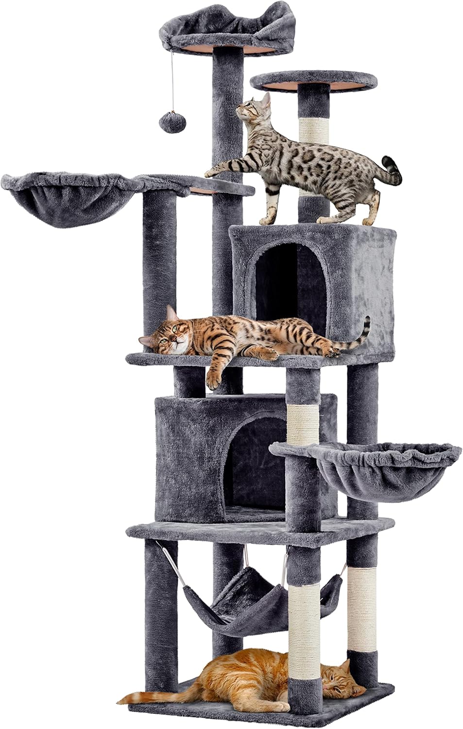 Yaheetech XXL Cat Scratching Post 175 cm Ceiling Height Scratching Post for Large Cats, Stable Climbing Tree with Sisal Scratching Columns, Platforms, Basket, Hammock, Plush Ball, Dark Grey
