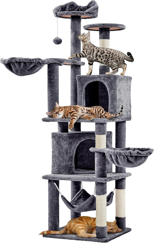 Yaheetech XXL Cat Scratching Post 175 cm Ceiling Height Scratching Post for Large Cats, Stable Climbing Tree with Sisal Scratching Columns, Platforms, Basket, Hammock, Plush Ball, Dark Grey