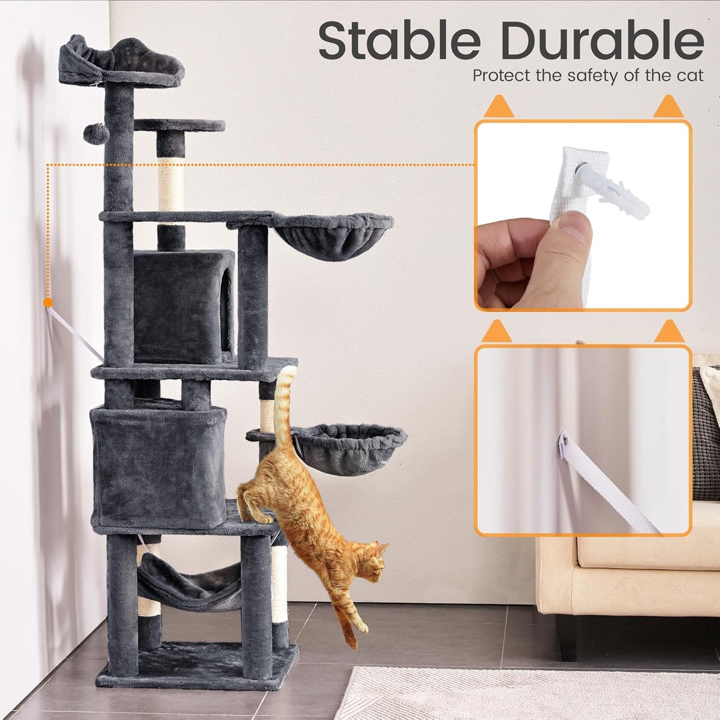 Yaheetech XXL Cat Scratching Post 175 cm Ceiling Height Scratching Post for Large Cats, Stable Climbing Tree with Sisal Scratching Columns, Platforms, Basket, Hammock, Plush Ball, Dark Grey