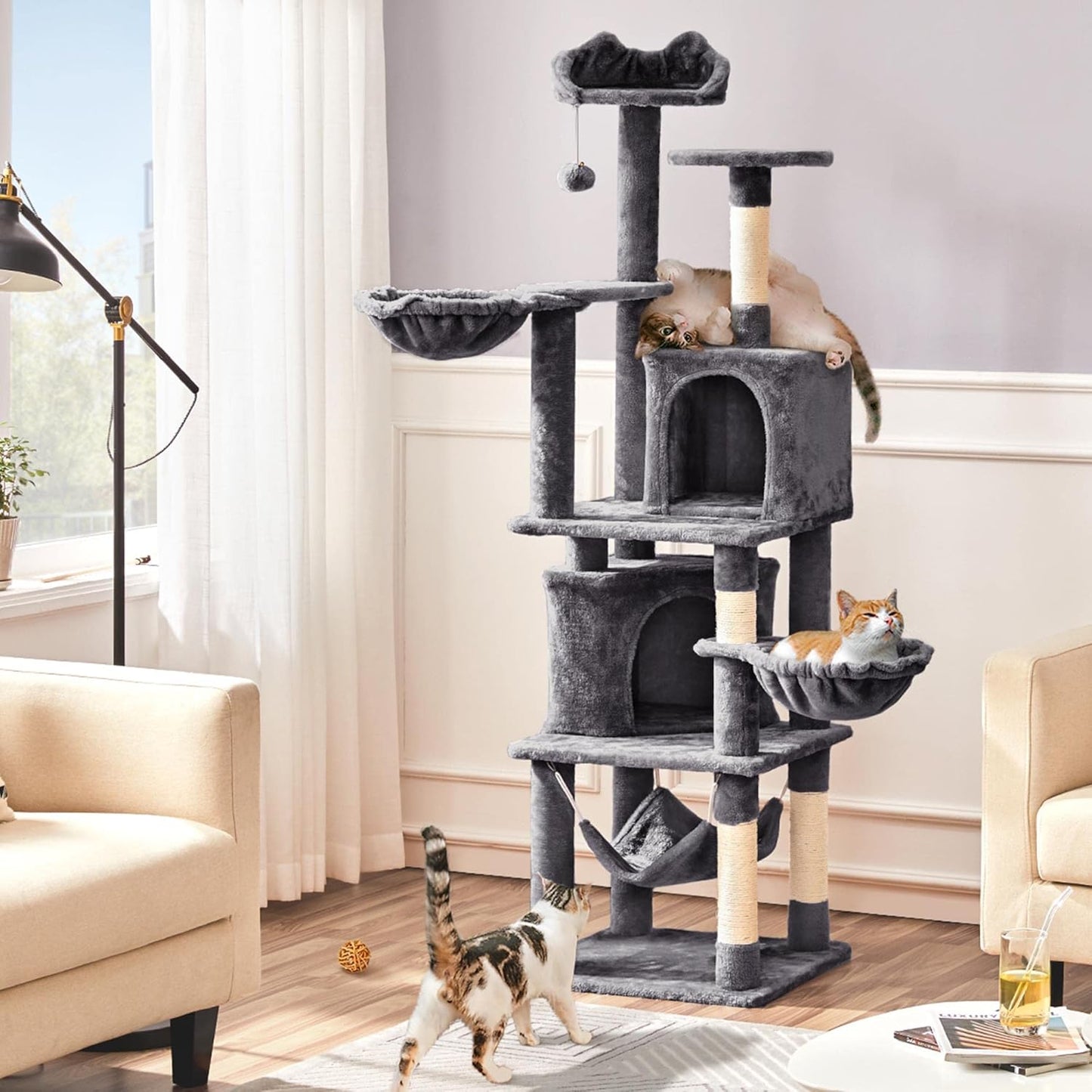 Yaheetech XXL Cat Scratching Post 175 cm Ceiling Height Scratching Post for Large Cats, Stable Climbing Tree with Sisal Scratching Columns, Platforms, Basket, Hammock, Plush Ball, Dark Grey