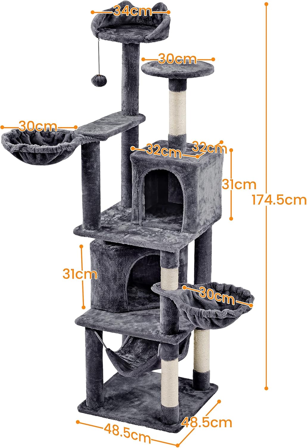 Yaheetech XXL Cat Scratching Post 175 cm Ceiling Height Scratching Post for Large Cats, Stable Climbing Tree with Sisal Scratching Columns, Platforms, Basket, Hammock, Plush Ball, Dark Grey
