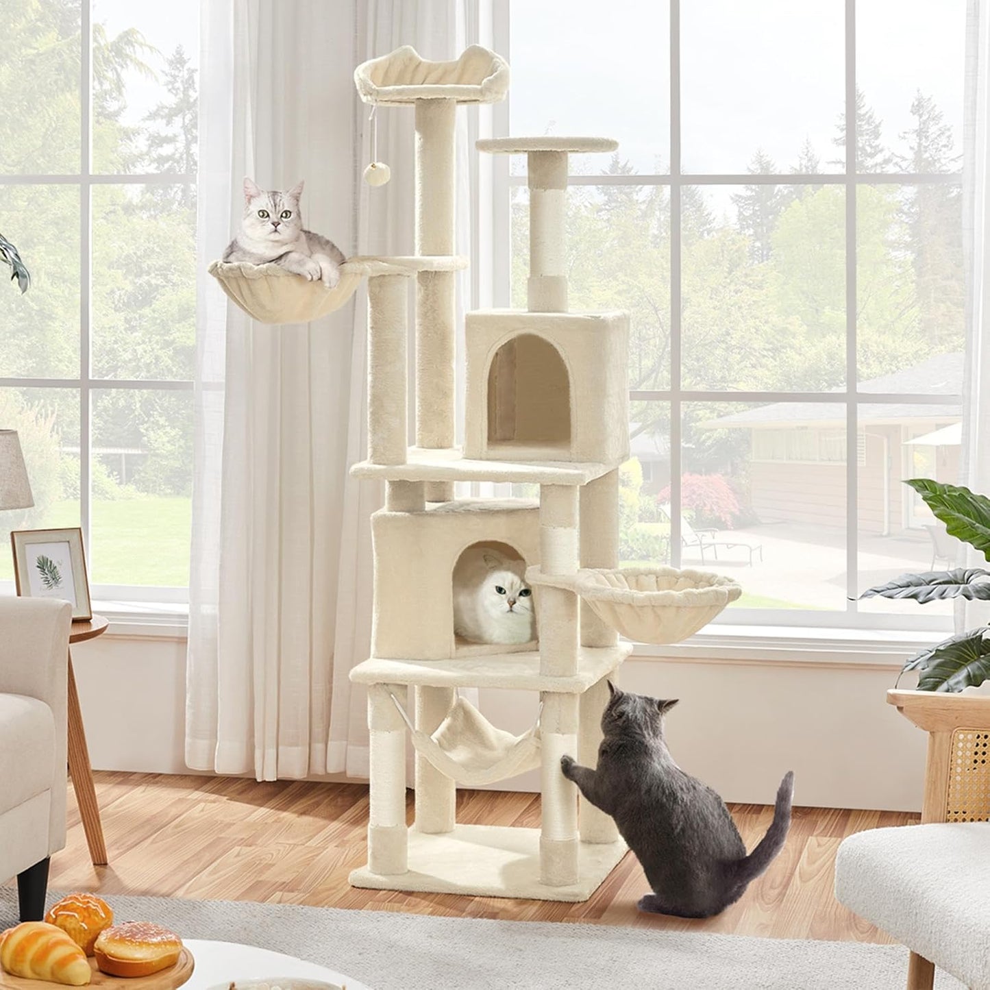 Yaheetech XXL Cat Scratching Post 175 cm Ceiling Height Scratching Post for Large Cats, Stable Climbing Tree with Sisal Scratching Columns, Platforms, Basket, Hammock, Plush Ball, Dark Grey