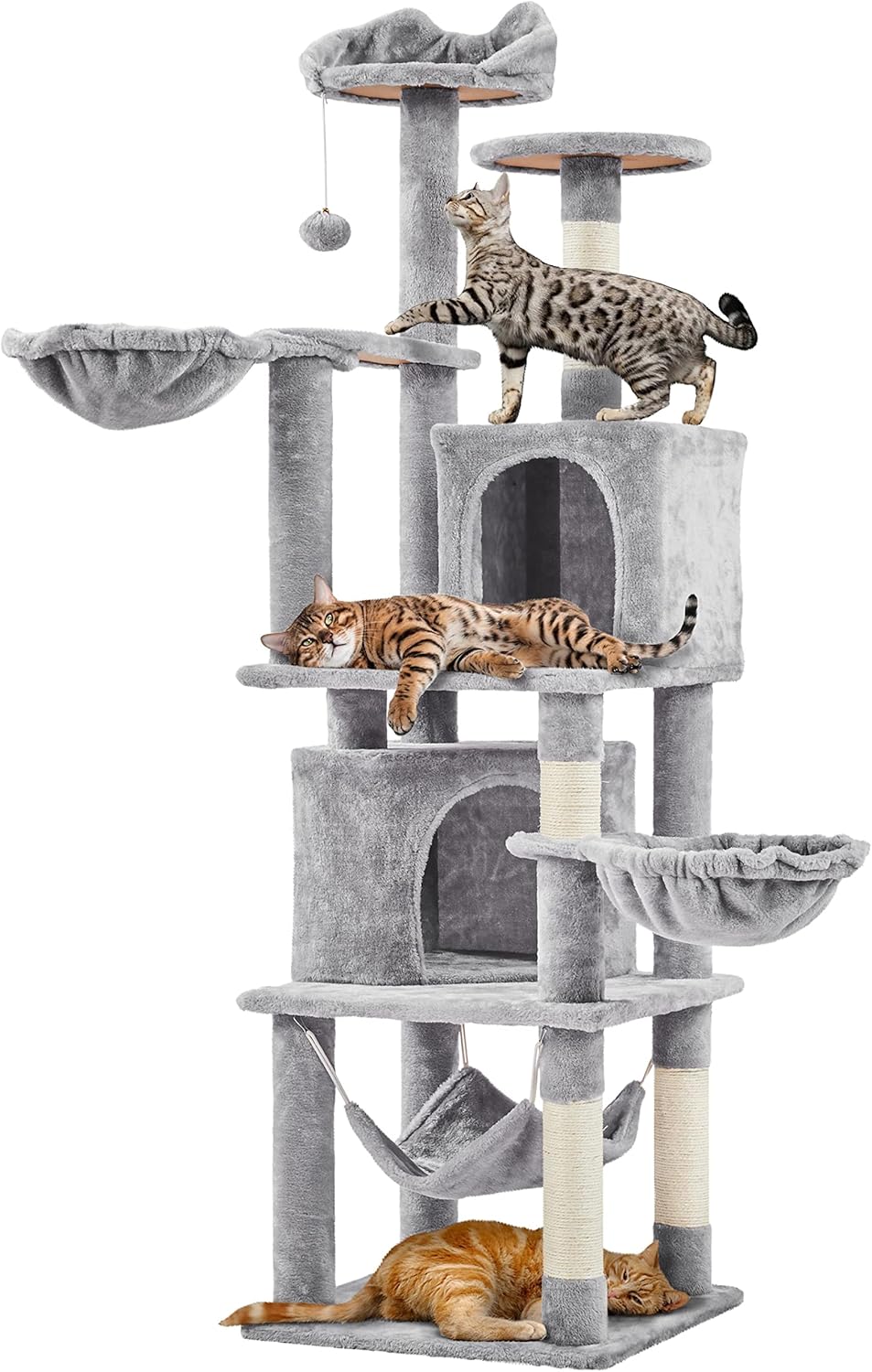 Yaheetech XXL Cat Scratching Post 175 cm Ceiling Height Scratching Post for Large Cats, Stable Climbing Tree with Sisal Scratching Columns, Platforms, Basket, Hammock, Plush Ball, Dark Grey