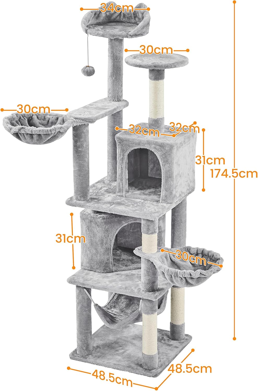 Yaheetech XXL Cat Scratching Post 175 cm Ceiling Height Scratching Post for Large Cats, Stable Climbing Tree with Sisal Scratching Columns, Platforms, Basket, Hammock, Plush Ball, Dark Grey